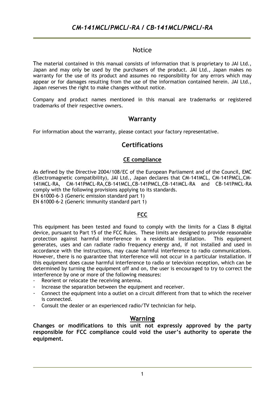Notice, Warranty, Certifications | Warning | JAI CB-141MCL User Manual | Page 2 / 52