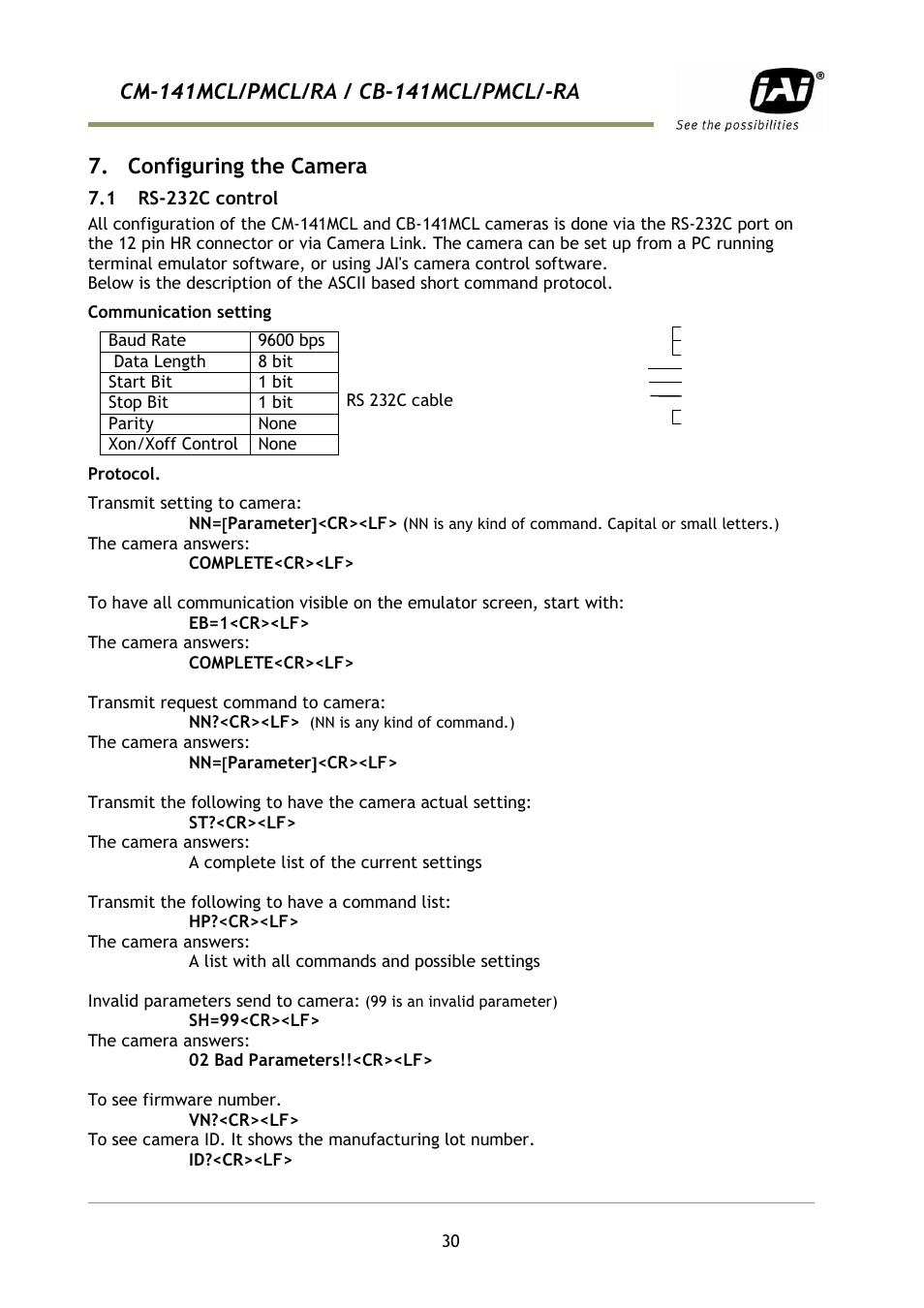 Configuring the camera, 1 rs-232c control | JAI CB-141MCL User Manual | Page 33 / 52