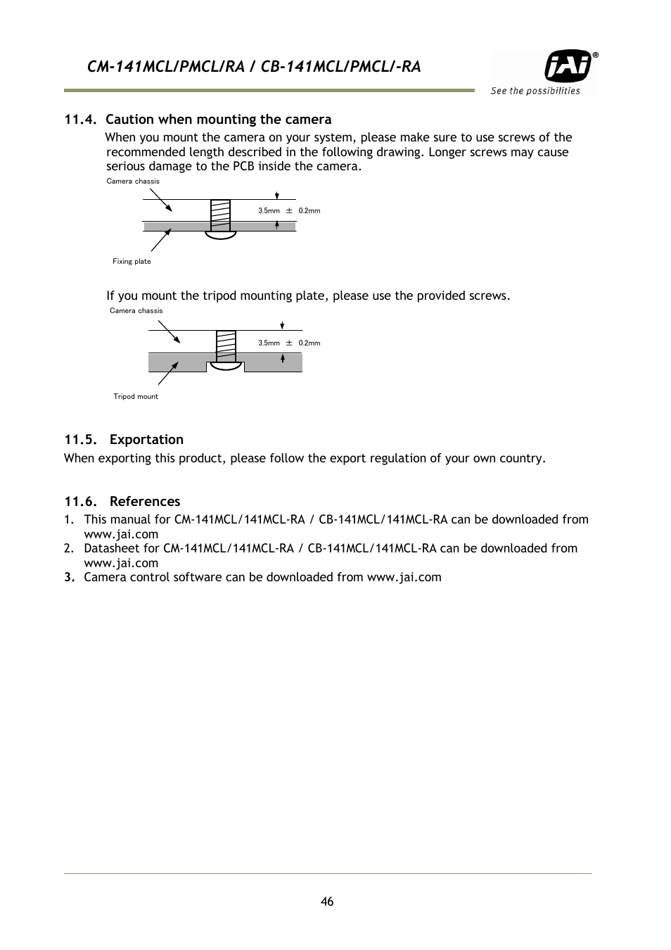 Caution when mounting the camera, Exportation, References | JAI CB-141MCL User Manual | Page 49 / 52