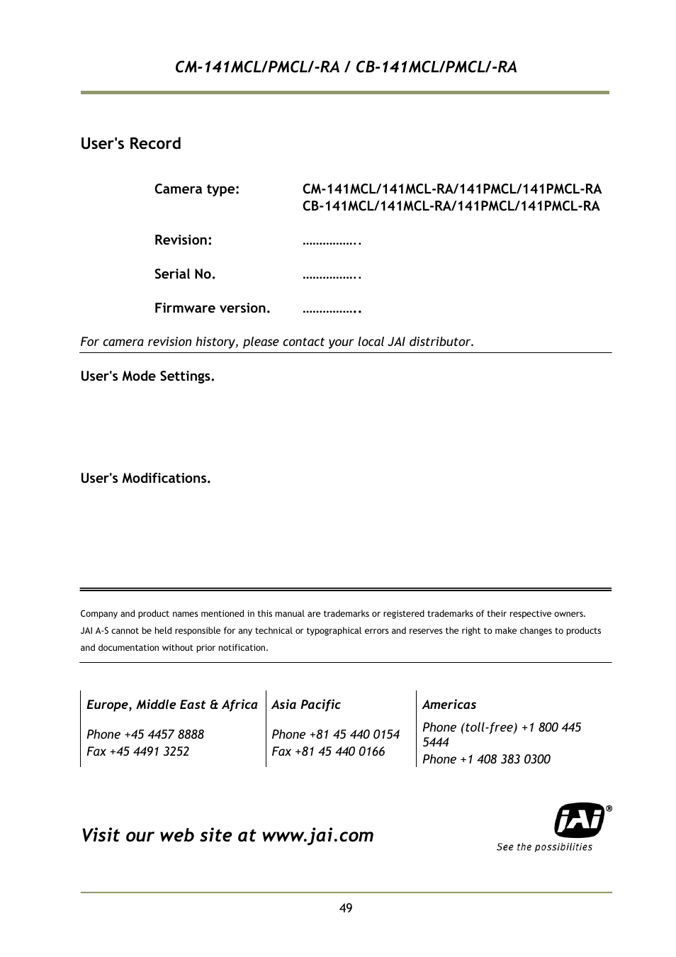 User's record | JAI CB-141MCL User Manual | Page 52 / 52