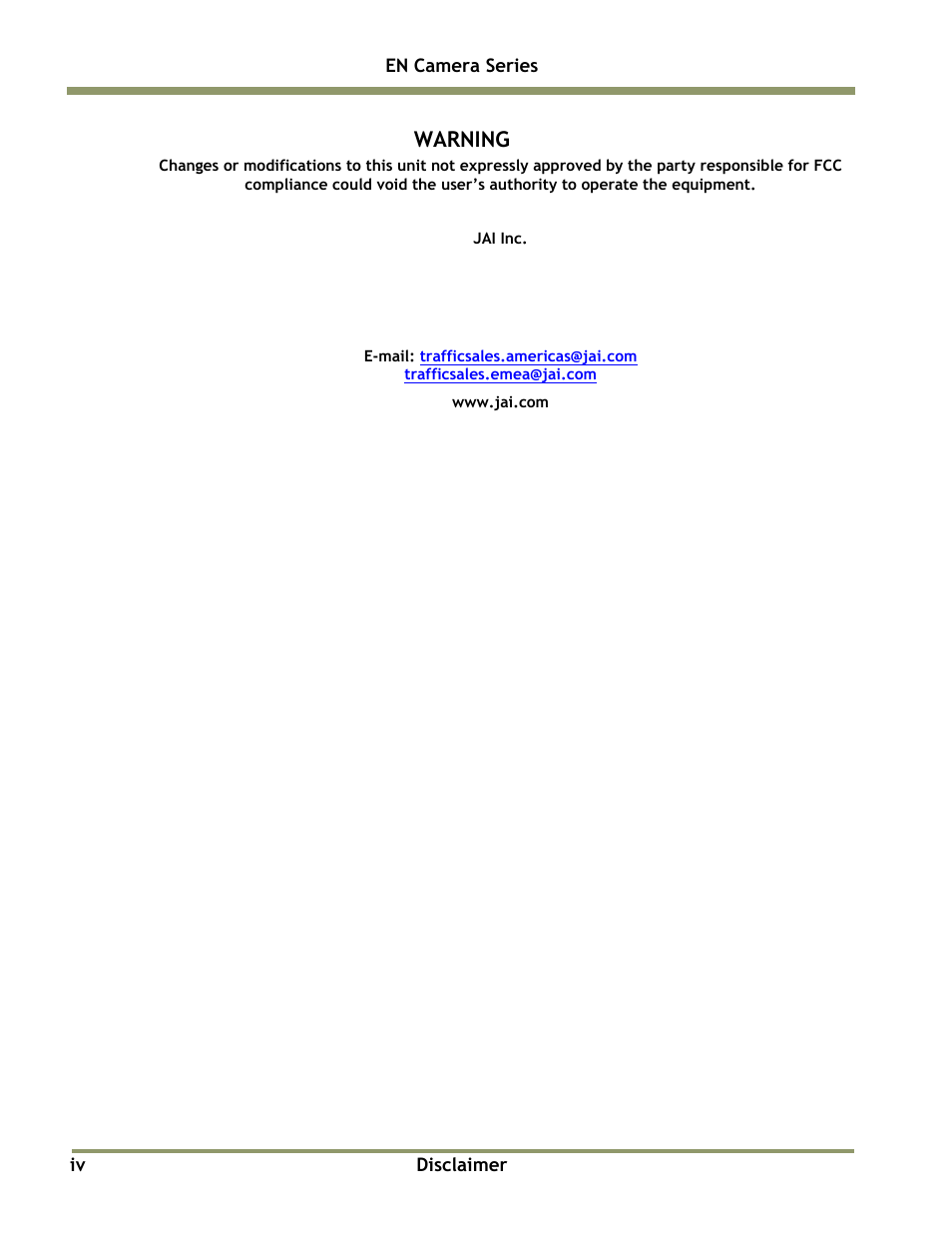 Warning | JAI EN Series Cameras TS(C)-4032EN User Manual | Page 4 / 68