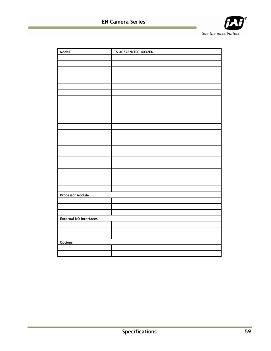 Specifications 59 en camera series | JAI EN Series Cameras TS(C)-4032EN User Manual | Page 59 / 68