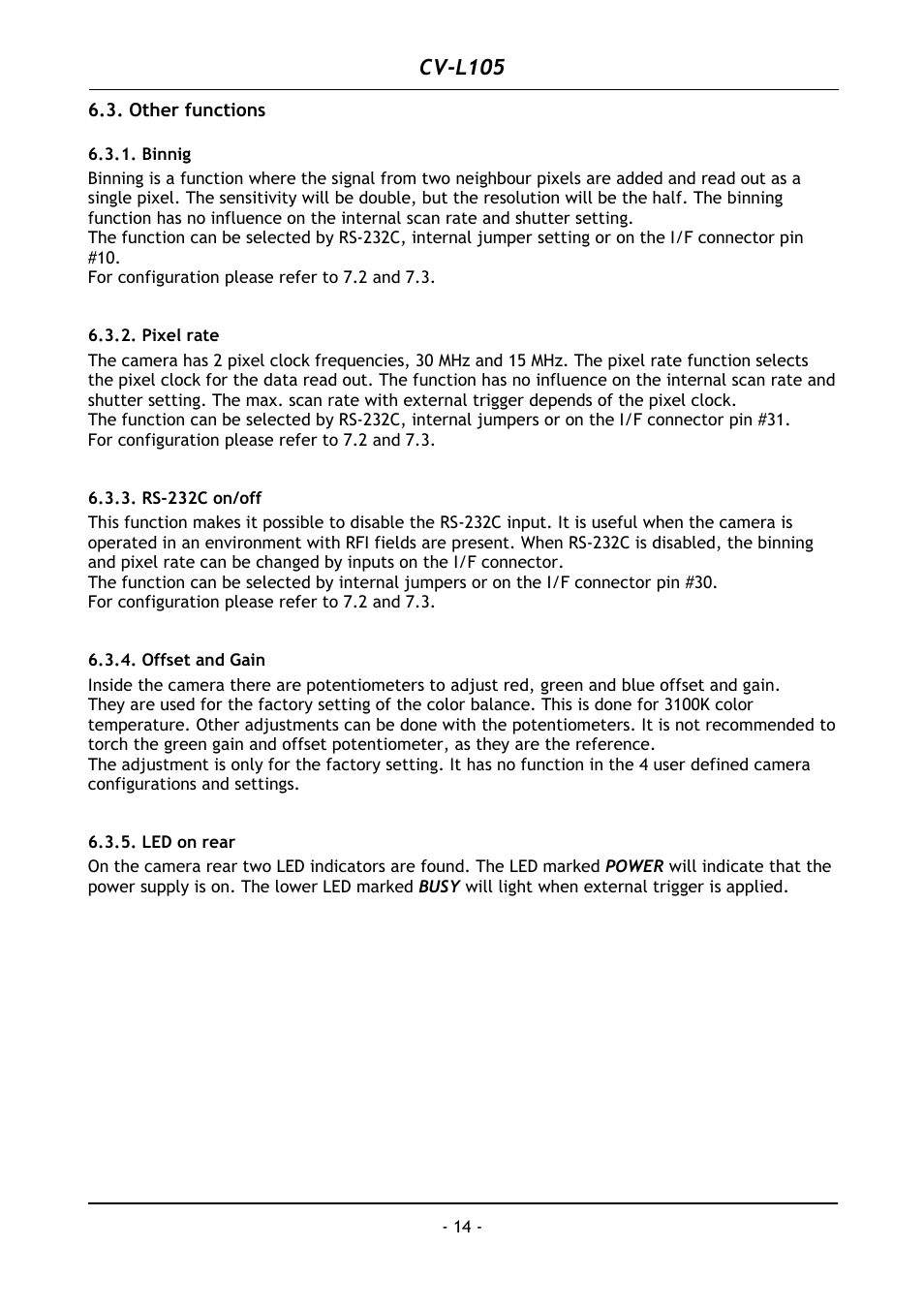 Other functions, Binnig, Pixel rate | Rs-232c on/off, Offset and gain, Led on rear, Cv-l105 | JAI CV-L105 User Manual | Page 15 / 22