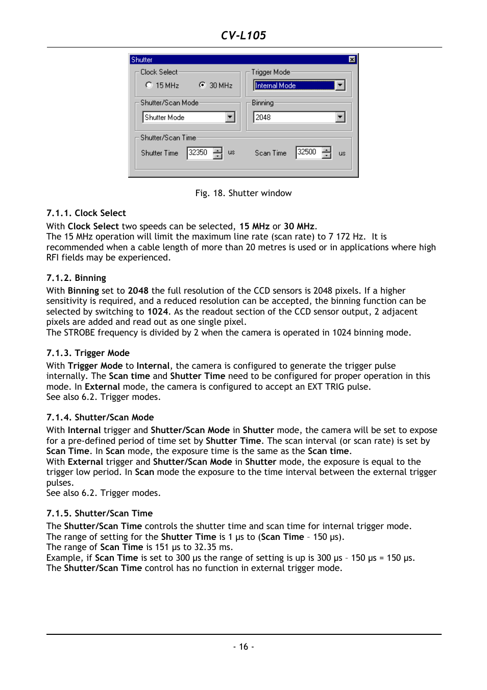 Clock select, Binning, Trigger mode | Shutter/scan mode, Shutter/scan time, Cv-l105 | JAI CV-L105 User Manual | Page 17 / 22