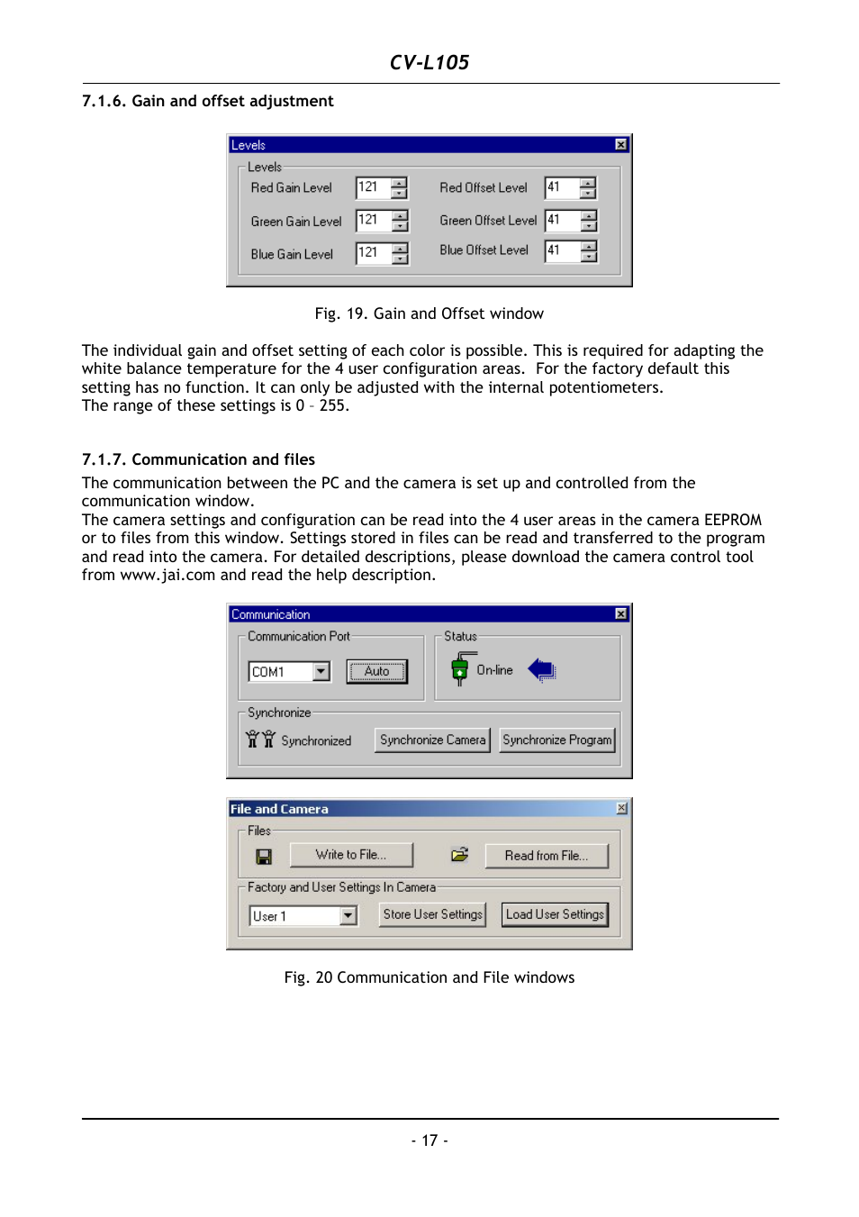 Gain and offset adjustment, Communication and files, Cv-l105 | JAI CV-L105 User Manual | Page 18 / 22