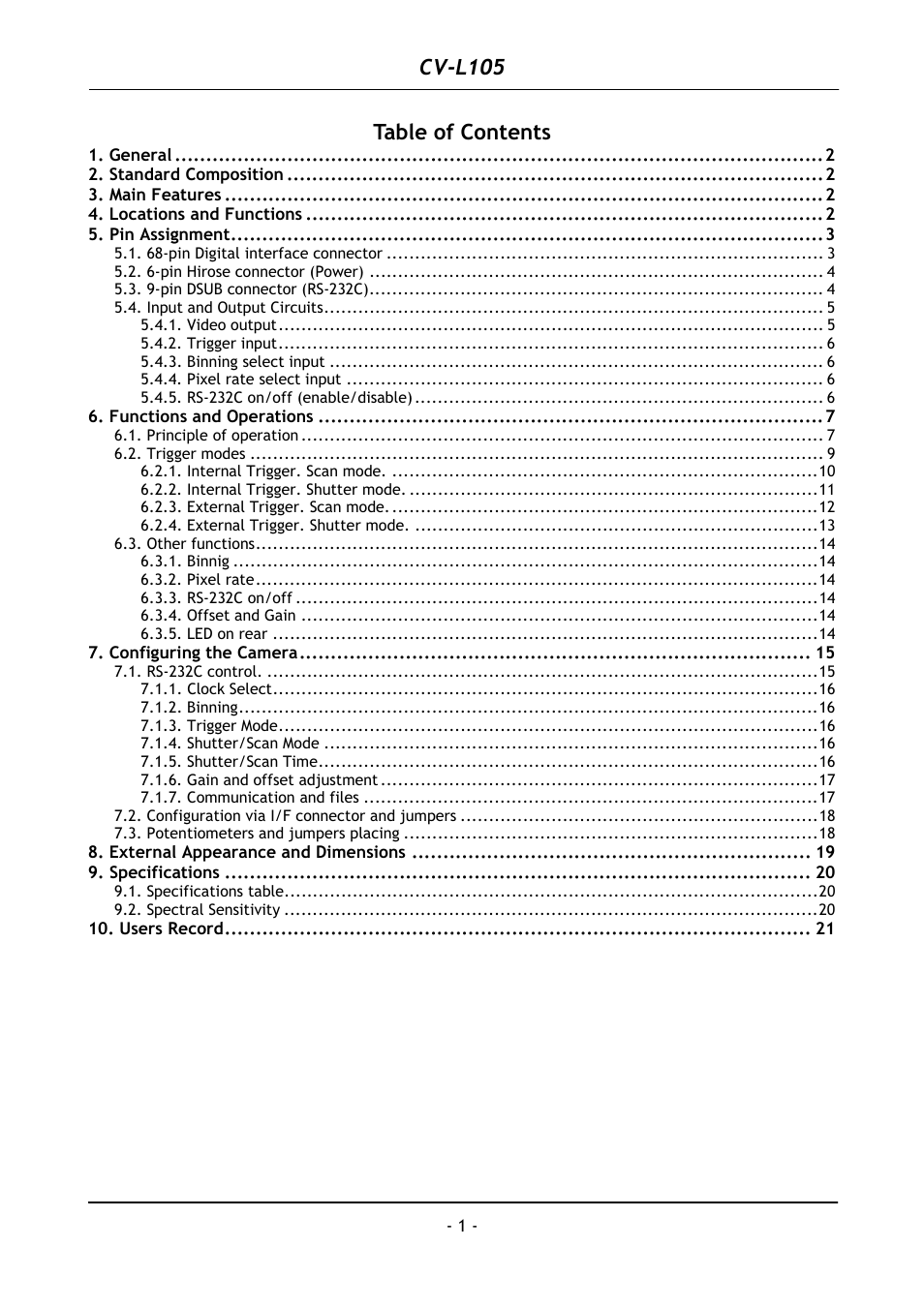 JAI CV-L105 User Manual | Page 2 / 22