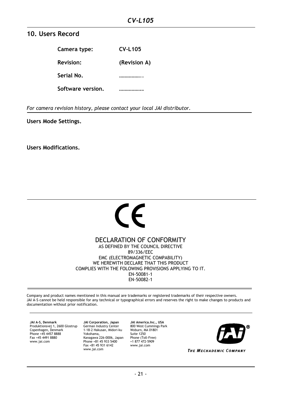 Users record, Cv-l105, Declaration of conformity | Camera type: cv-l105, Users mode settings. users modifications | JAI CV-L105 User Manual | Page 22 / 22