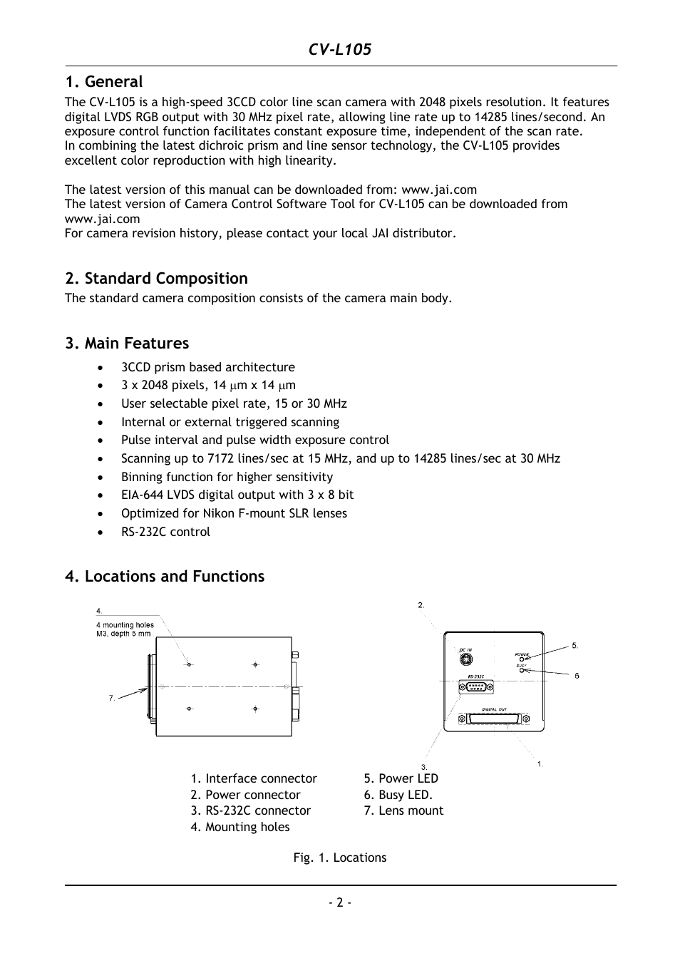 General, Standard composition, Main features | Locations and functions, Cv-l105 | JAI CV-L105 User Manual | Page 3 / 22