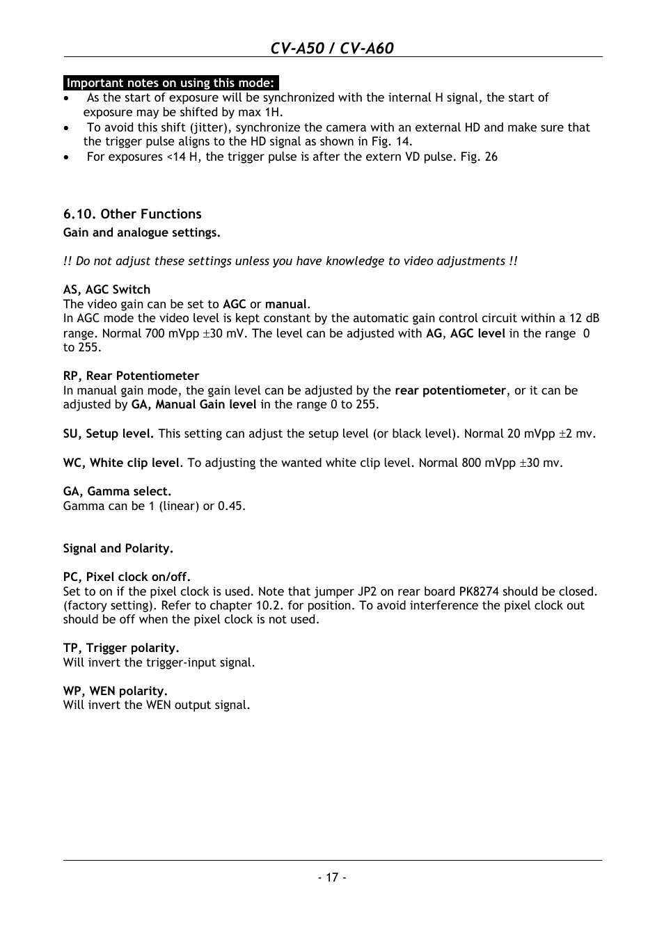 Other functions, Cv-a50 / cv-a60 | JAI CV-A50 User Manual | Page 18 / 27