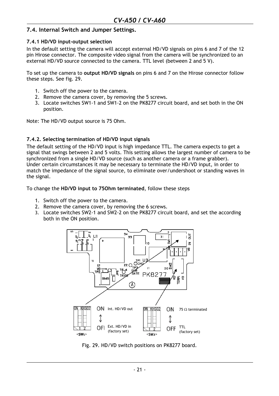 1 hd/vd input-output selection, Selecting termination of hd/vd input signals, Cv-a50 / cv-a60 | JAI CV-A50 User Manual | Page 22 / 27