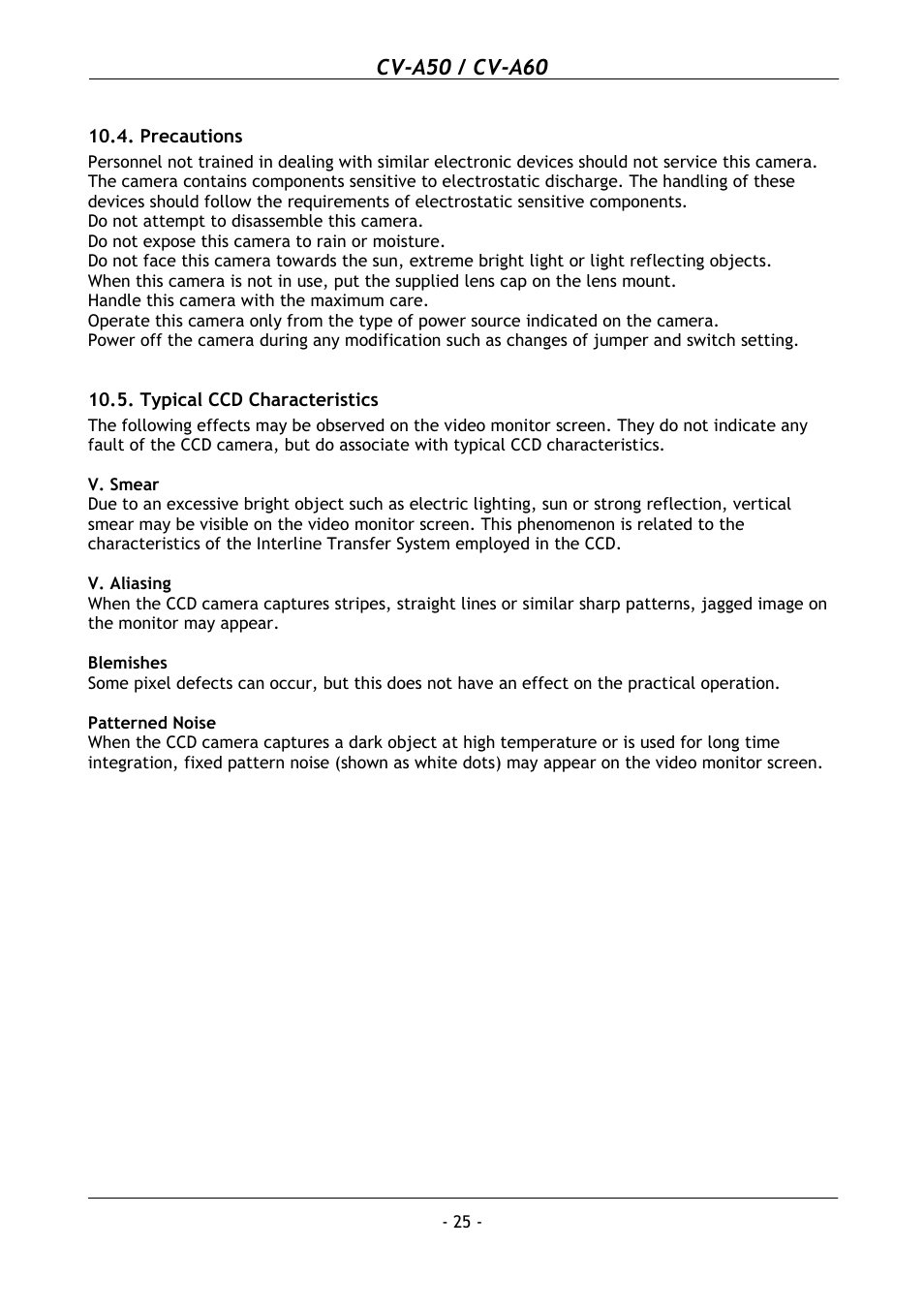 Precautions, Typical ccd characteristics, Cv-a50 / cv-a60 | JAI CV-A50 User Manual | Page 26 / 27