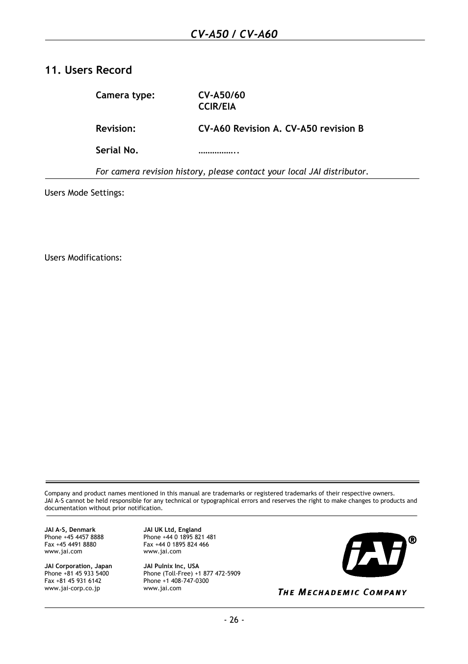 Users record, Cv-a50 / cv-a60 | JAI CV-A50 User Manual | Page 27 / 27