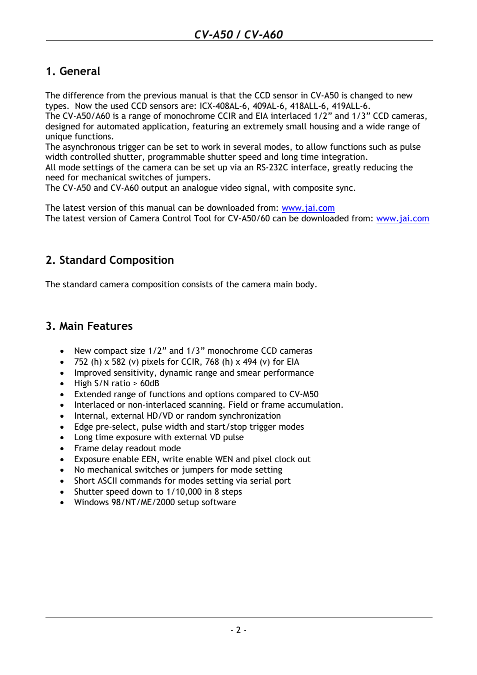 General, Standard composition, Main features | Cv-a50 / cv-a60 | JAI CV-A50 User Manual | Page 3 / 27