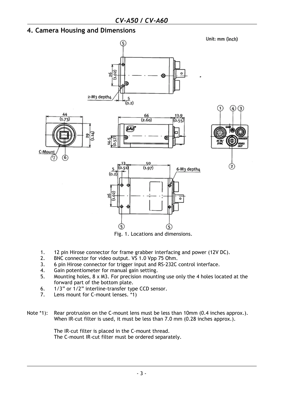 Camera housing and dimensions, Cv-a50 / cv-a60 | JAI CV-A50 User Manual | Page 4 / 27