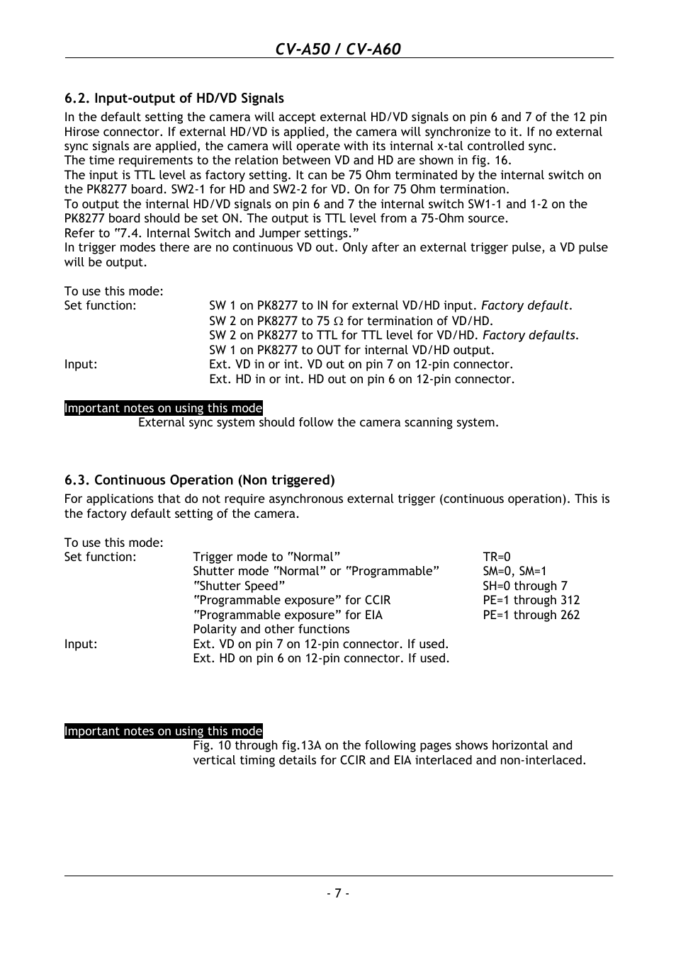 Input-output of hd/vd signals, Continuous operation (non triggered), Cv-a50 / cv-a60 | JAI CV-A50 User Manual | Page 8 / 27