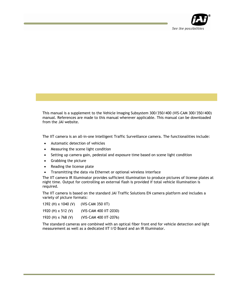 1 in image triggering system, 1 introduction, 1 document overview | 2 iit overview | JAI IIT Camera Systems VIS-CAM 400 User Manual | Page 11 / 44