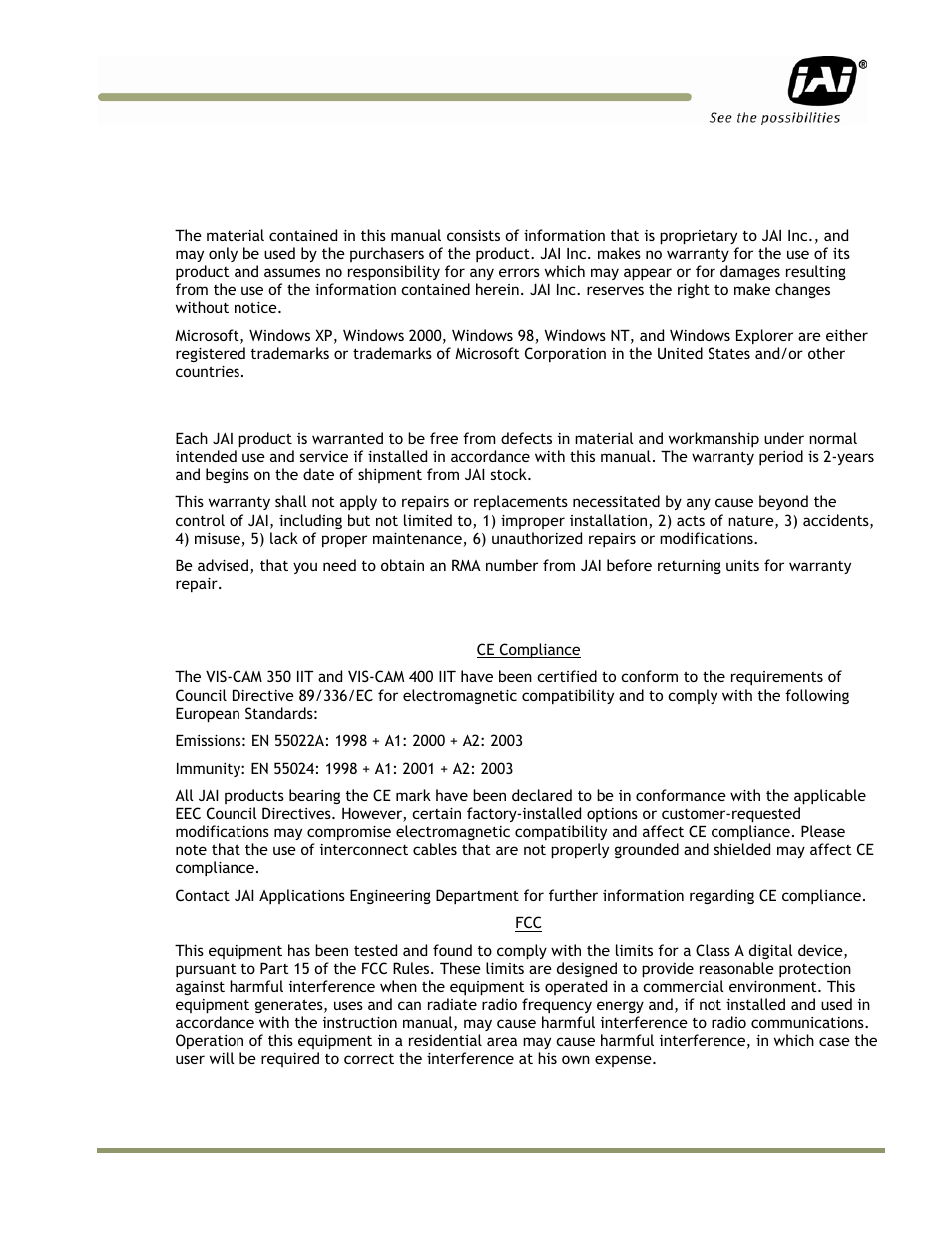 Notice/warranty/certifications, Notice, Warranty | Certifications | JAI IIT Camera Systems VIS-CAM 400 User Manual | Page 3 / 44
