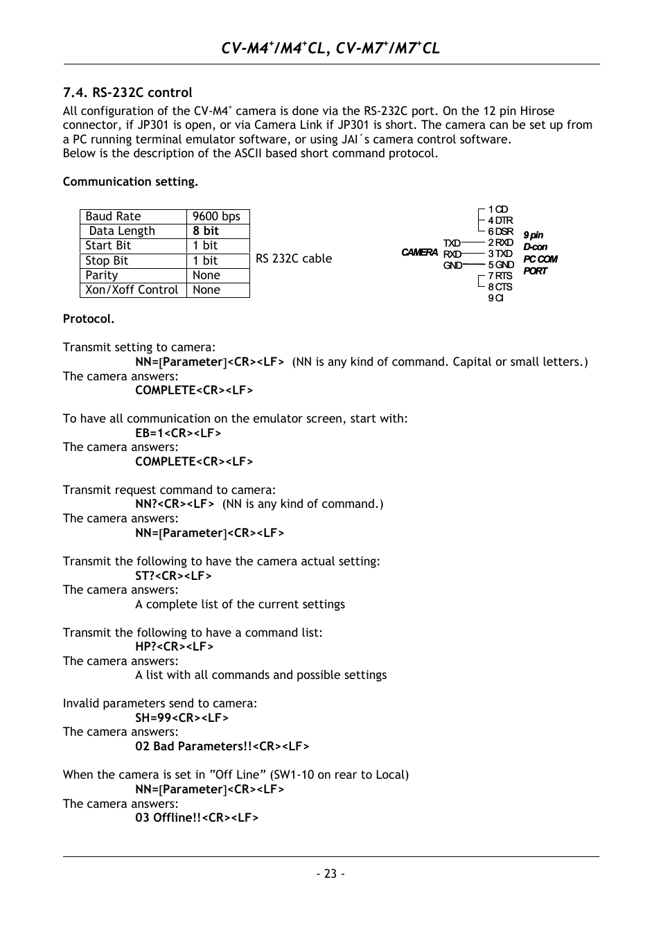 Rs-232c control, Cv-m4, Cl, cv-m7 | JAI M4+ CL User Manual | Page 24 / 31