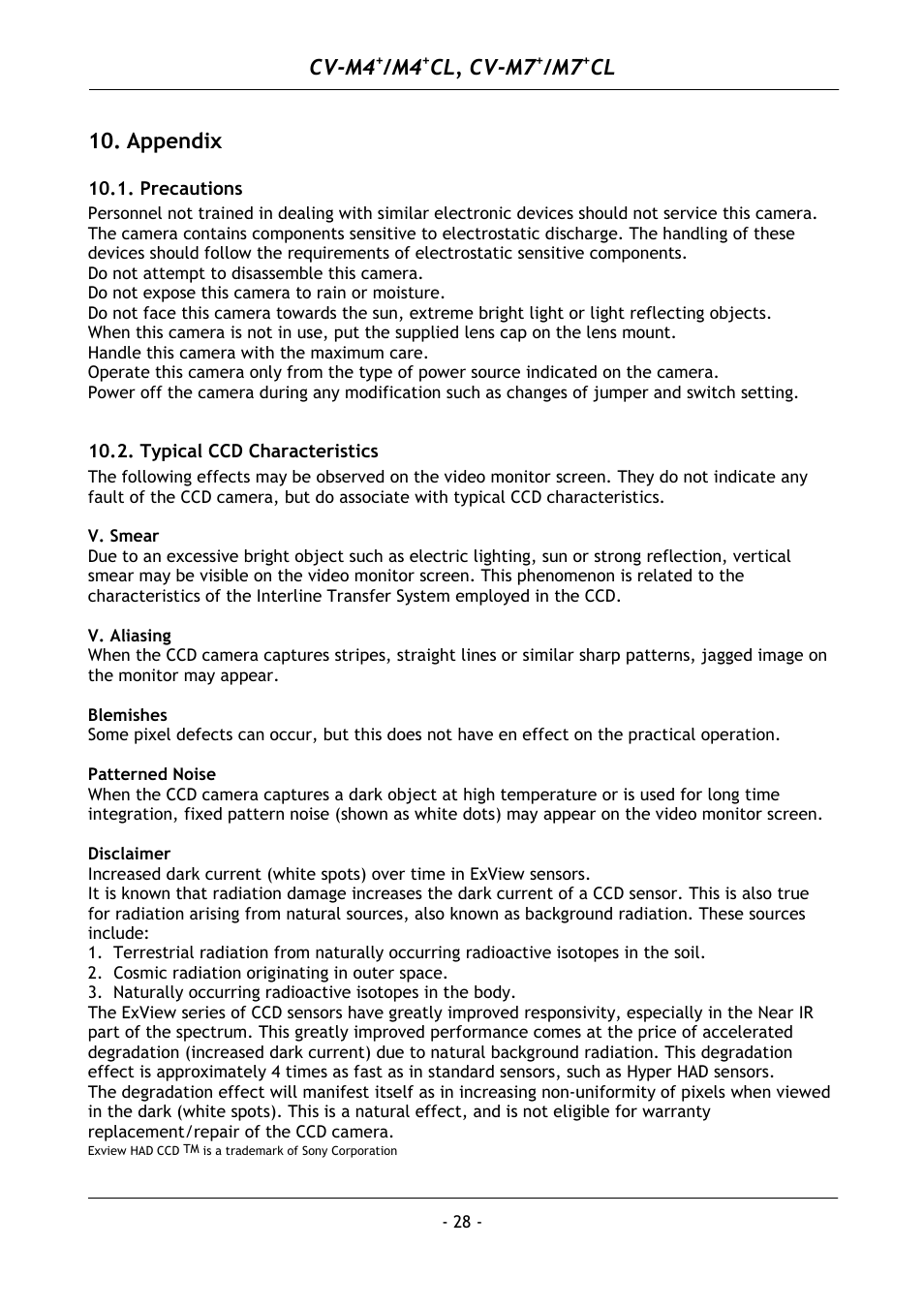 Appendix, Precautions, Typical ccd characteristics | Cv-m4, Cl, cv-m7 | JAI M4+ CL User Manual | Page 29 / 31