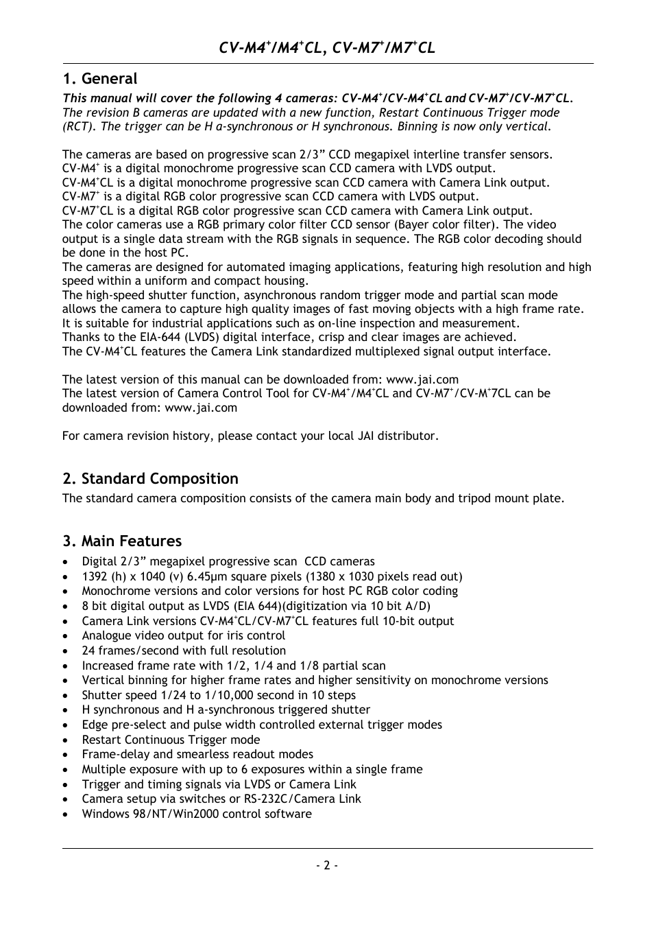 General, Standard composition, Main features | Cv-m4, Cl, cv-m7 | JAI M4+ CL User Manual | Page 3 / 31