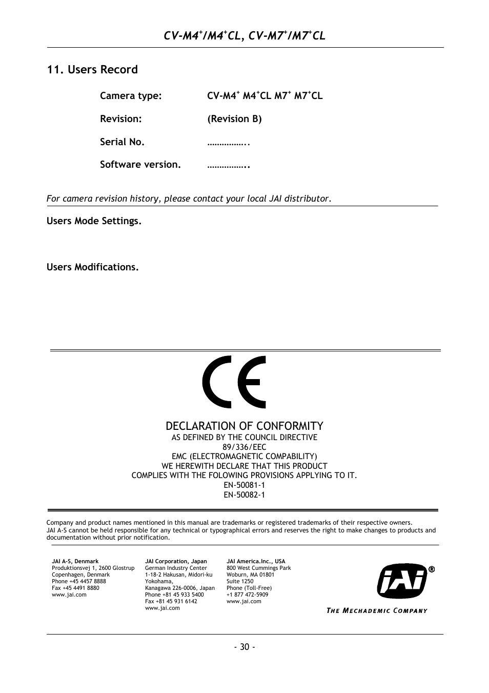 Users record, Cv-m4, Cl, cv-m7 | Declaration of conformity, Camera type: cv-m4, Cl m7, Users mode settings. users modifications | JAI M4+ CL User Manual | Page 31 / 31