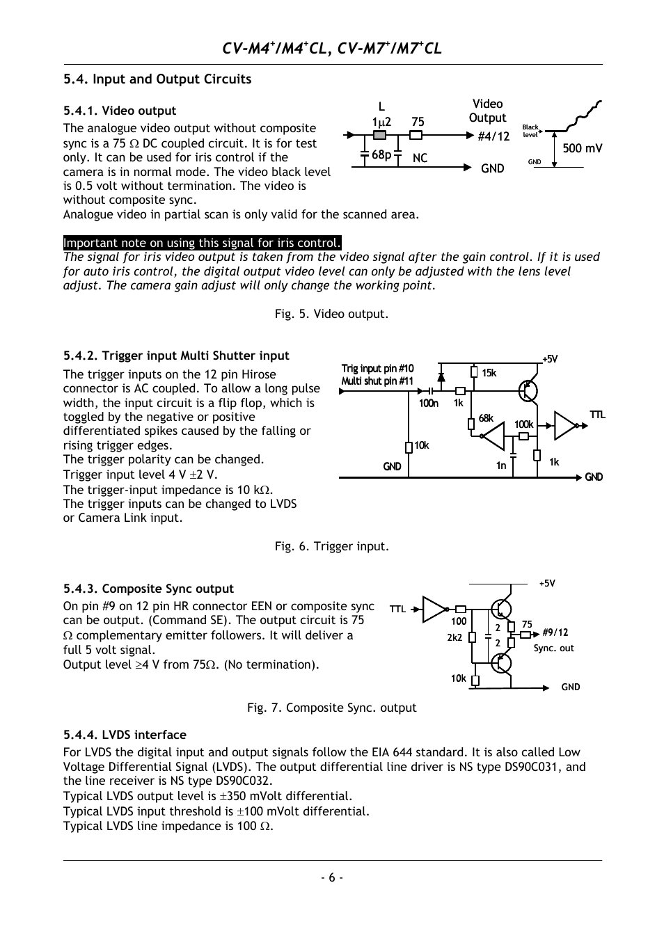 Input and output circuits, Video output, Trigger input multi shutter input | Composite sync output, Lvds interface, Cv-m4, Cl, cv-m7 | JAI M4+ CL User Manual | Page 7 / 31