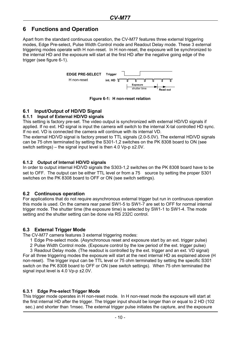 Functions and operation, Input/output of hd/vd signal, Input of external hd/vd signals | Output of internal hd/vd signals, Continuous operation, External trigger mode, Edge pre-select trigger mode, Cv-m77, 6 functions and operation | JAI CV-M77 User Manual | Page 10 / 28