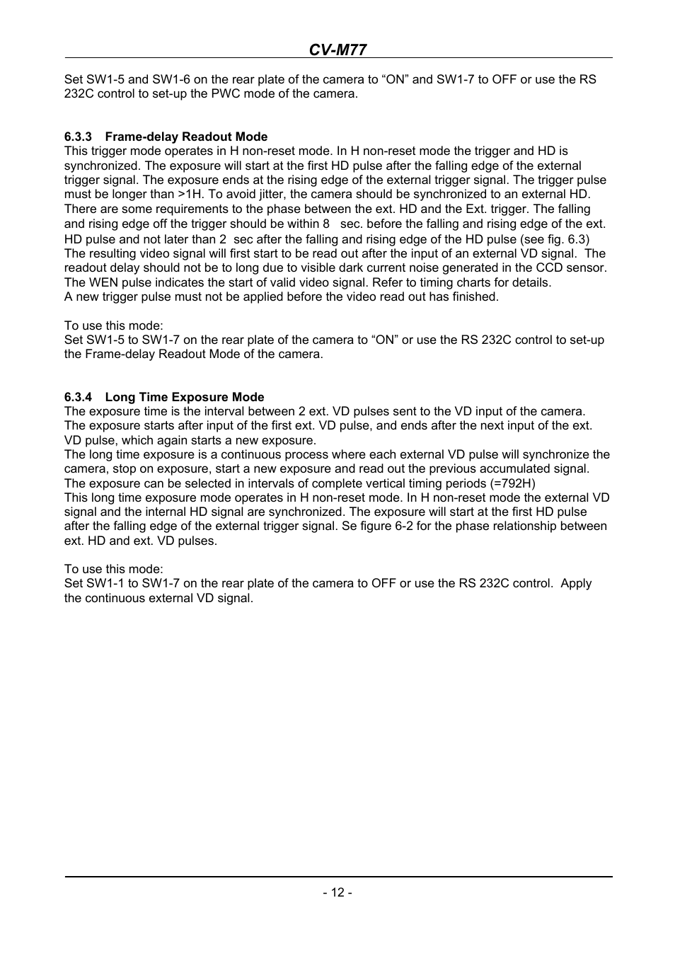 Frame-delay readout mode, Long time exposure mode, Cv-m77 | JAI CV-M77 User Manual | Page 12 / 28