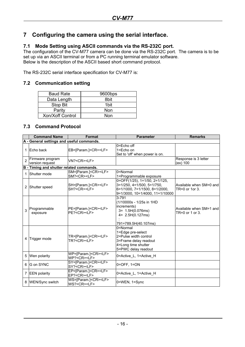 Configuring the camera using the serial interface, Communication setting, Command protocol | Cv-m77, 2 communication setting, 3 command protocol | JAI CV-M77 User Manual | Page 16 / 28