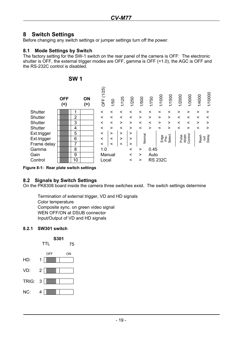 Switch settings, Mode settings by switch, Signals by switch settings | Sw301 switch, Cv-m77, 8 switch settings, Sw 1 | JAI CV-M77 User Manual | Page 19 / 28