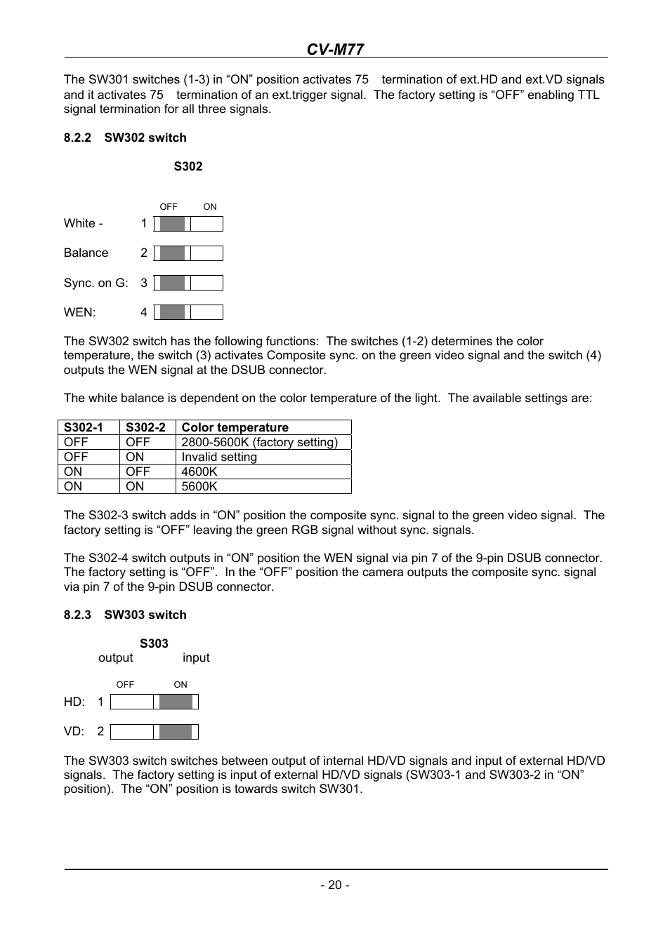 Sw302 switch, Sw303 switch, Cv-m77 | JAI CV-M77 User Manual | Page 20 / 28