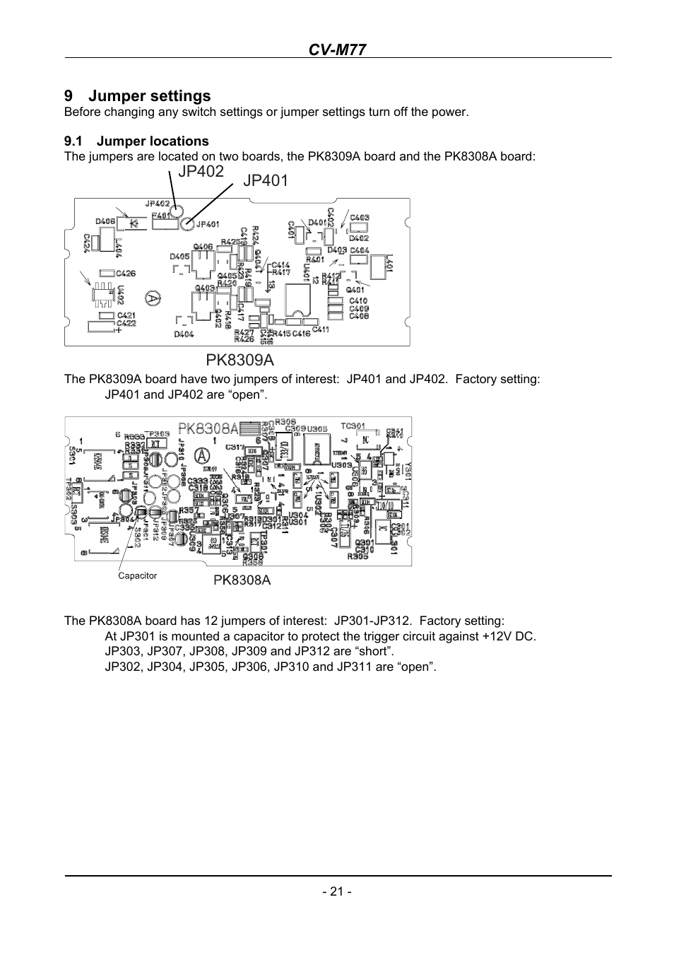 Jumper settings, Jumper locations, Cv-m77 | 9 jumper settings, 1 jumper locations | JAI CV-M77 User Manual | Page 21 / 28