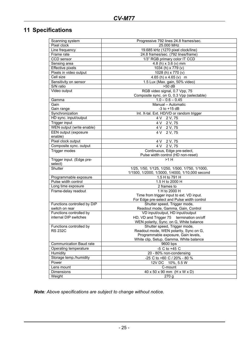 Specifications, Cv-m77, 11 specifications | JAI CV-M77 User Manual | Page 25 / 28