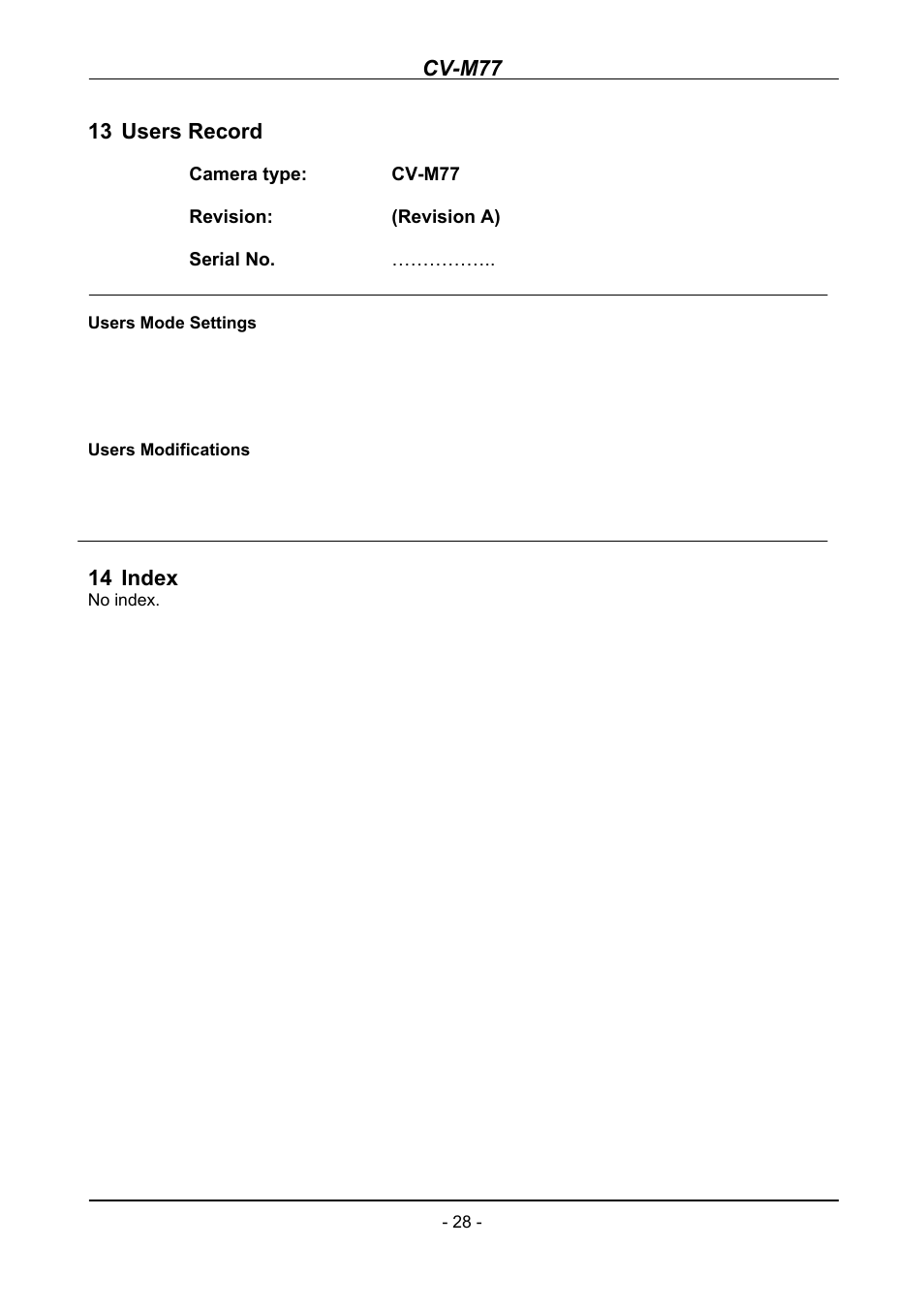 Users record, Index, Cv-m77 | 13 users record, 14 index | JAI CV-M77 User Manual | Page 28 / 28