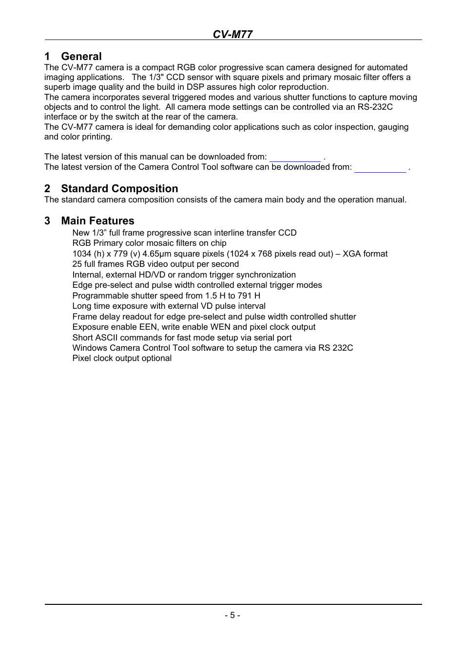 General, Standard composition, Main features | Cv-m77, 1 general, 2 standard composition, 3 main features | JAI CV-M77 User Manual | Page 5 / 28