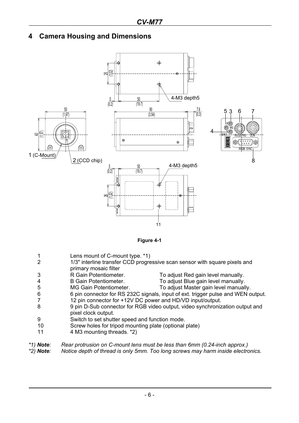 Camera housing and dimensions, Cv-m77, 4 camera housing and dimensions | JAI CV-M77 User Manual | Page 6 / 28
