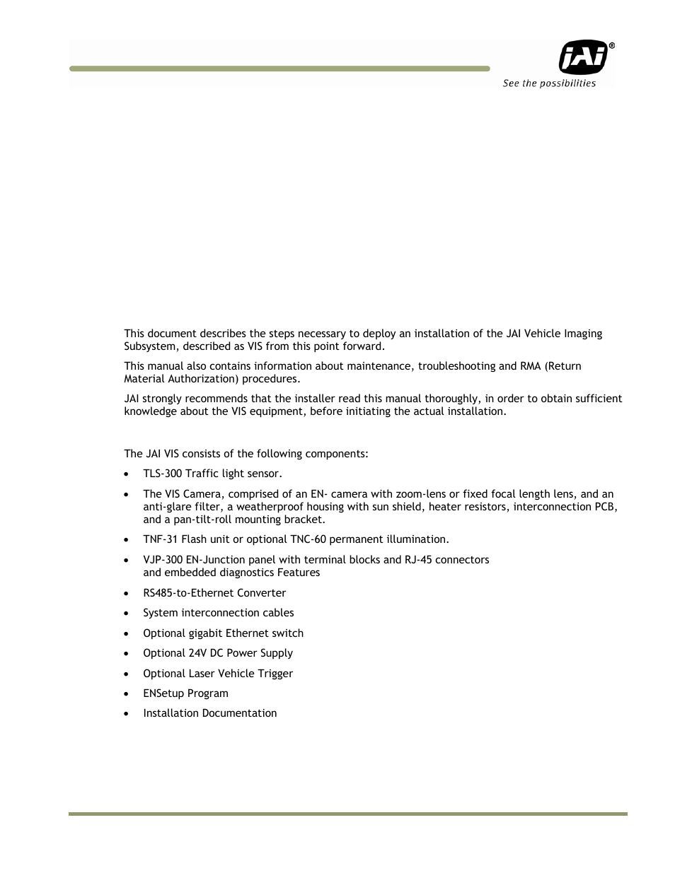Vis-cam system installation manual, 1introduction | JAI VIS-CAM System TS-1327EN User Manual | Page 13 / 112