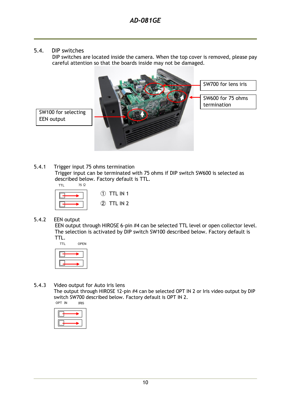 Dip switches, 1 trigger input 75 ohms terminatio, 2 een output | 3 video output for auto iris lens, Ad-081ge | JAI AD-081GE User Manual | Page 11 / 82