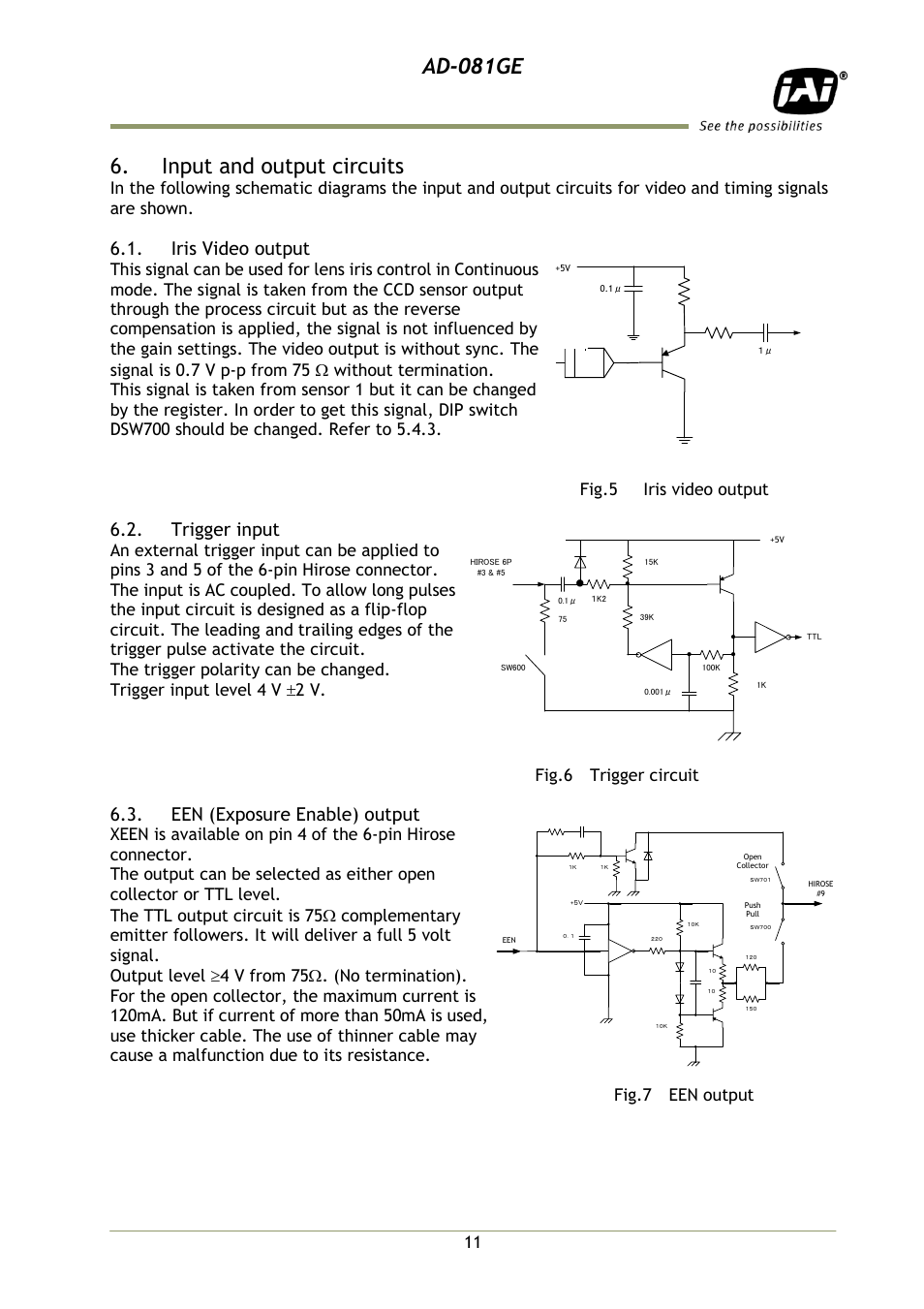 Input and output circuits, Iris video output, Trigger input | Een (exposure enable) output, Ad-081ge, 11 fig.6 trigger circuit | JAI AD-081GE User Manual | Page 12 / 82