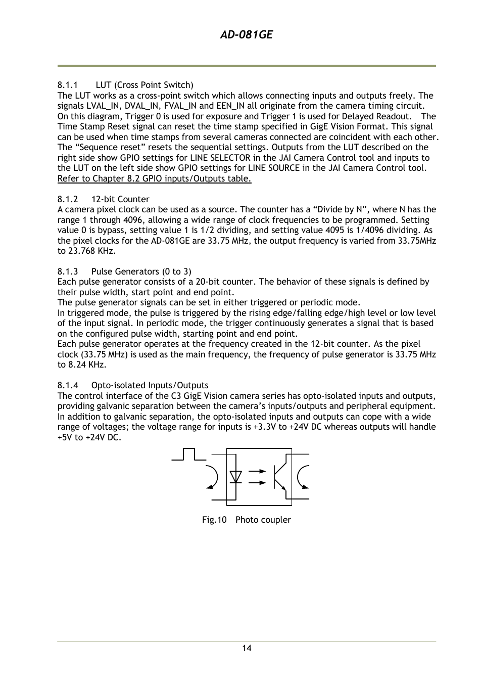 1 lut (cross point switch), 2 12-bit counter, 3 pulse generators (0 to 3) | 4 opto-isolated inputs/outputs, Ad-081ge | JAI AD-081GE User Manual | Page 15 / 82