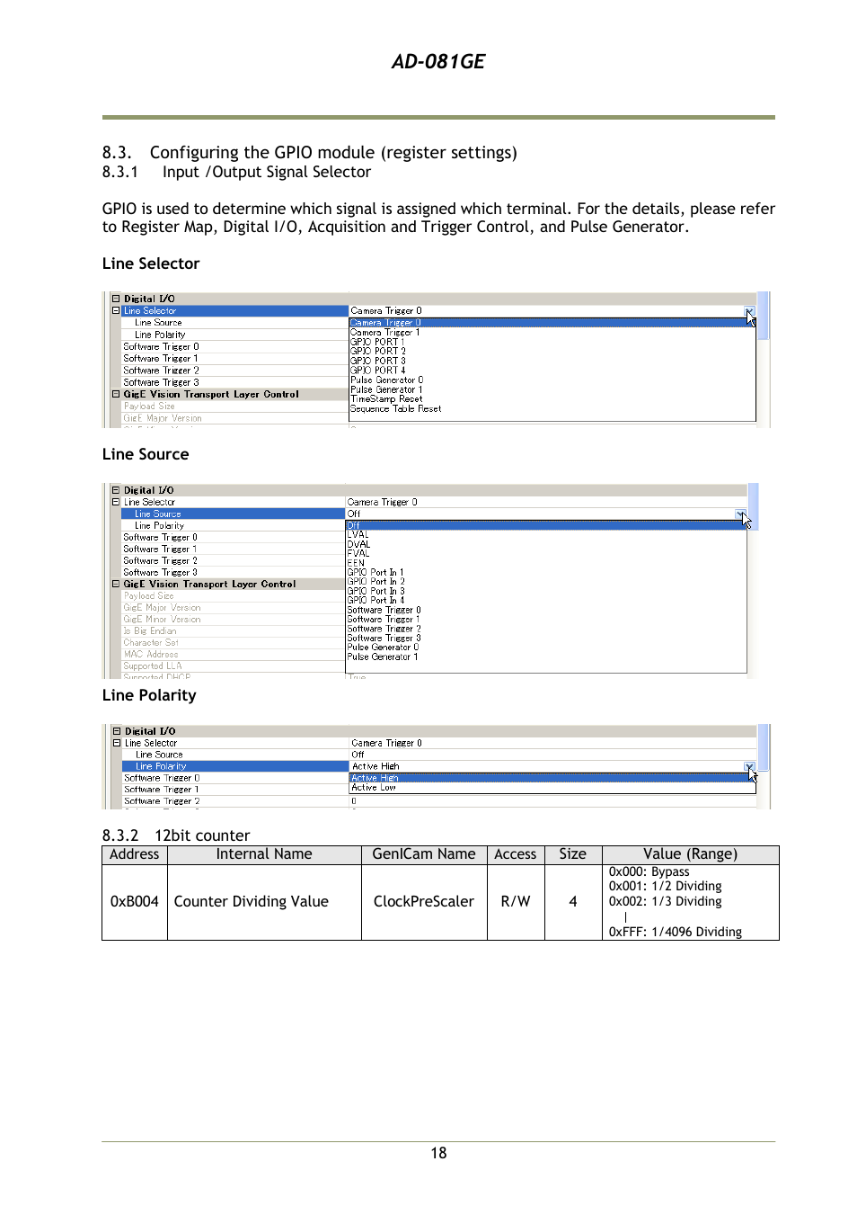 Configuring the gpio module (regis, 1 input /output signal selector, 2 12bit counter | Ad-081ge | JAI AD-081GE User Manual | Page 19 / 82