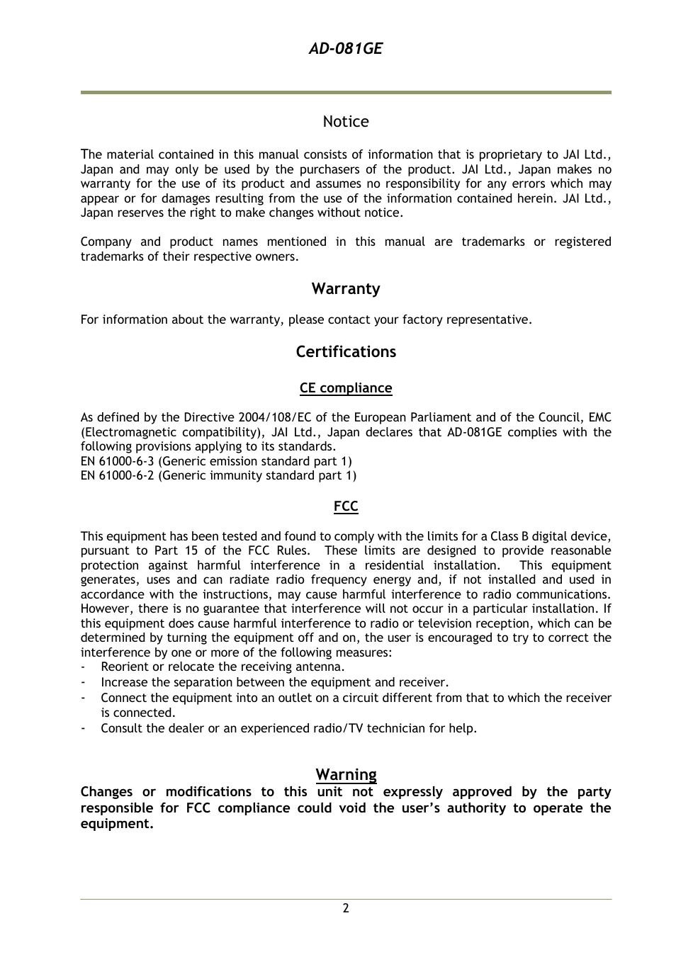 JAI AD-081GE User Manual | Page 2 / 82