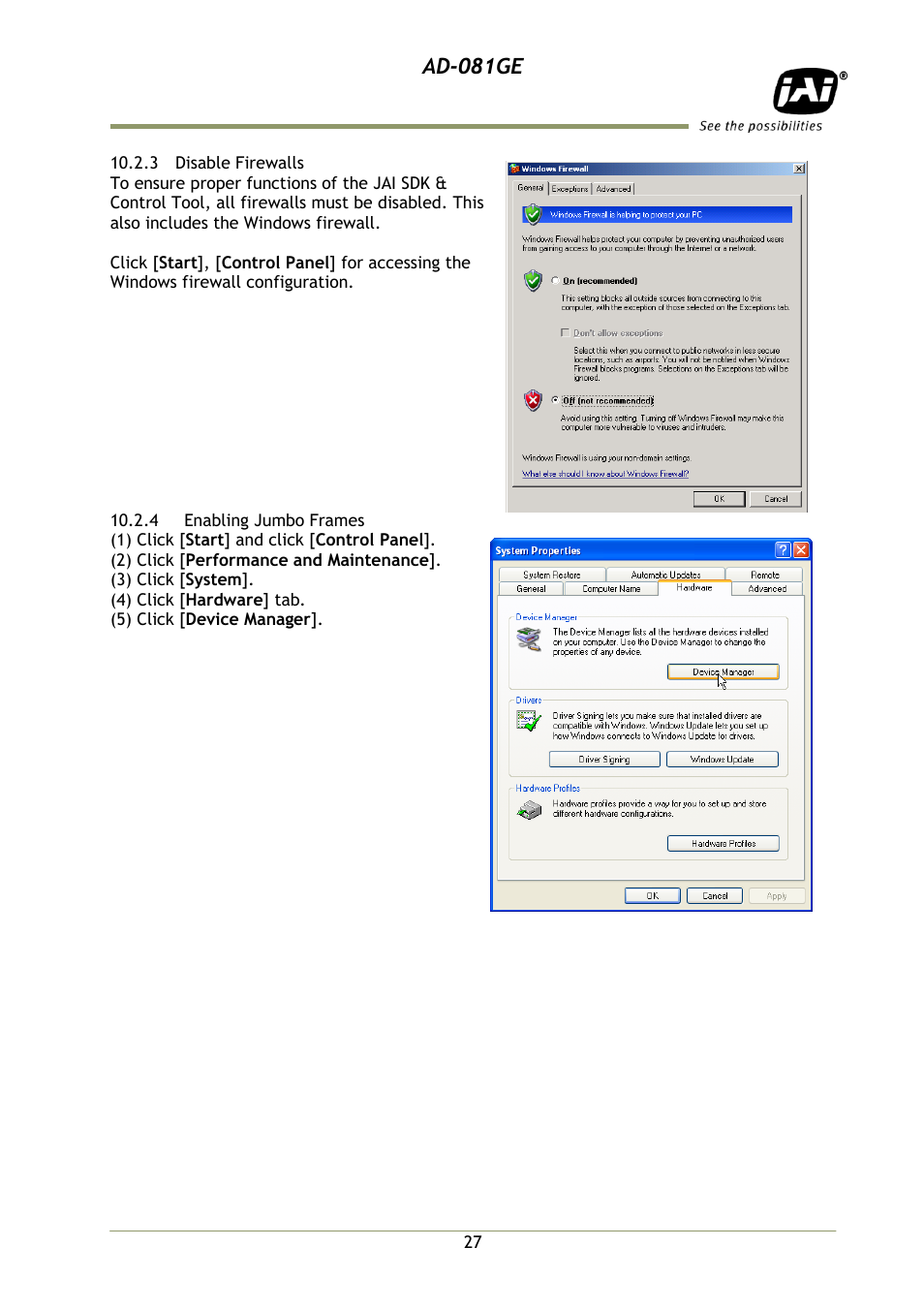 3 disable firewalls, 4 enabling jumbo frames | JAI AD-081GE User Manual | Page 28 / 82