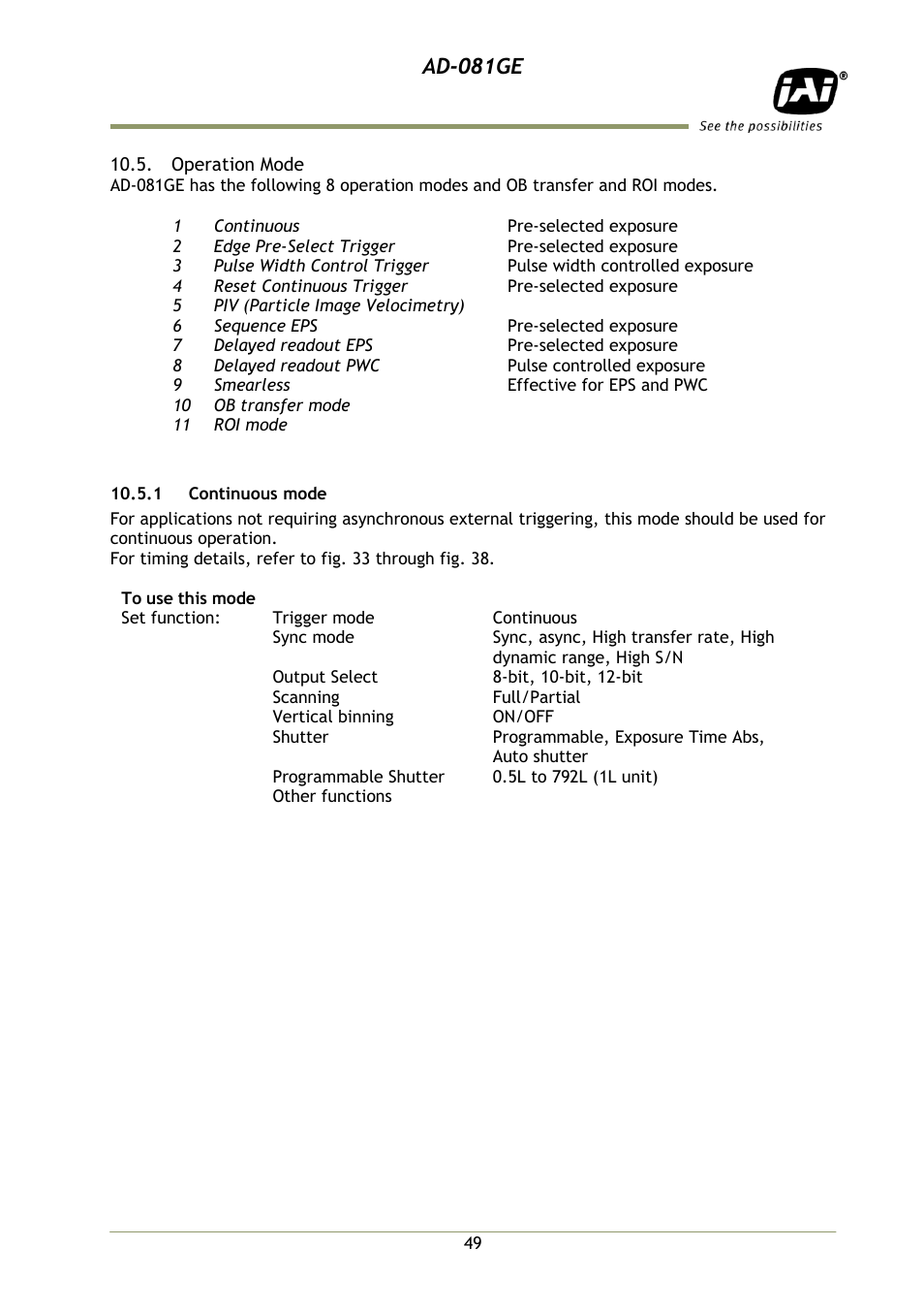 Operation mode, 1 continuous mode, Ad-081ge | JAI AD-081GE User Manual | Page 50 / 82