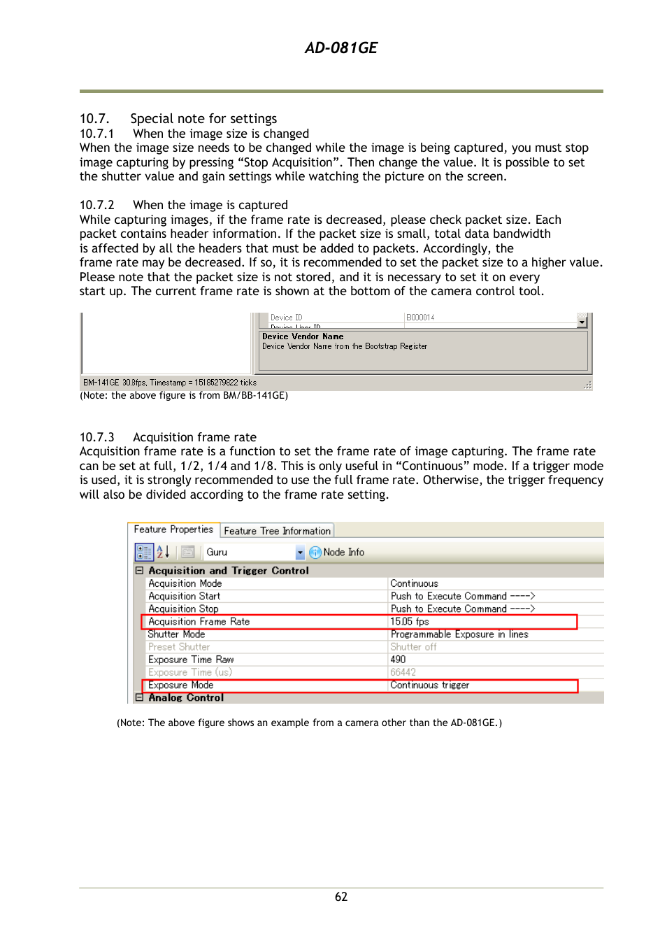 Special note for settings, 1 when the image size is changed, 2 when the image is captured | 3 acquisition frame rate, Ad-081ge | JAI AD-081GE User Manual | Page 63 / 82