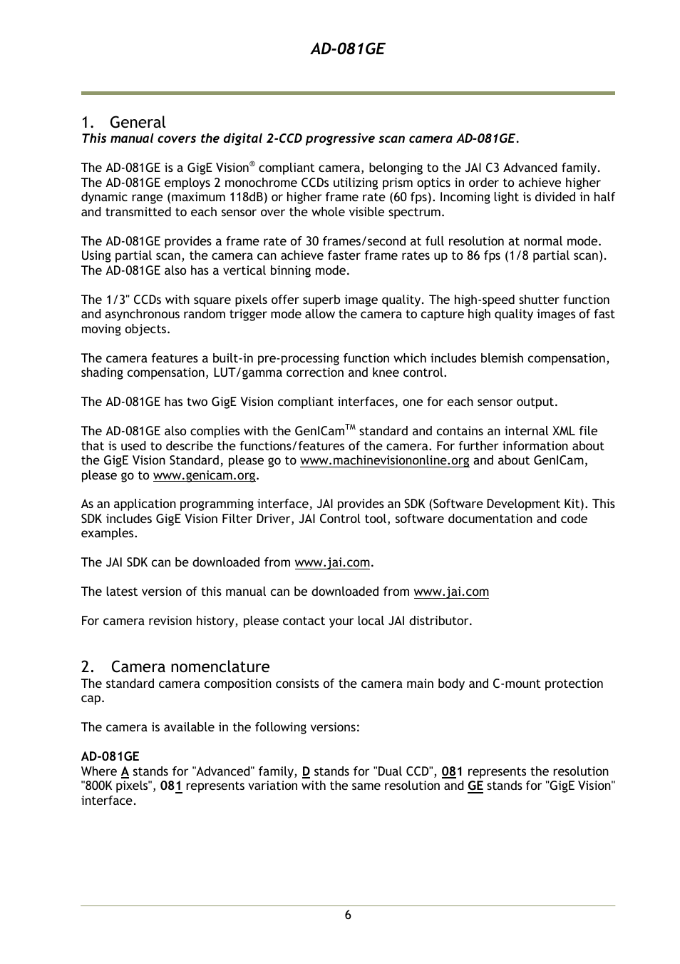 General, Camera nomenclature, Ad-081ge | JAI AD-081GE User Manual | Page 7 / 82