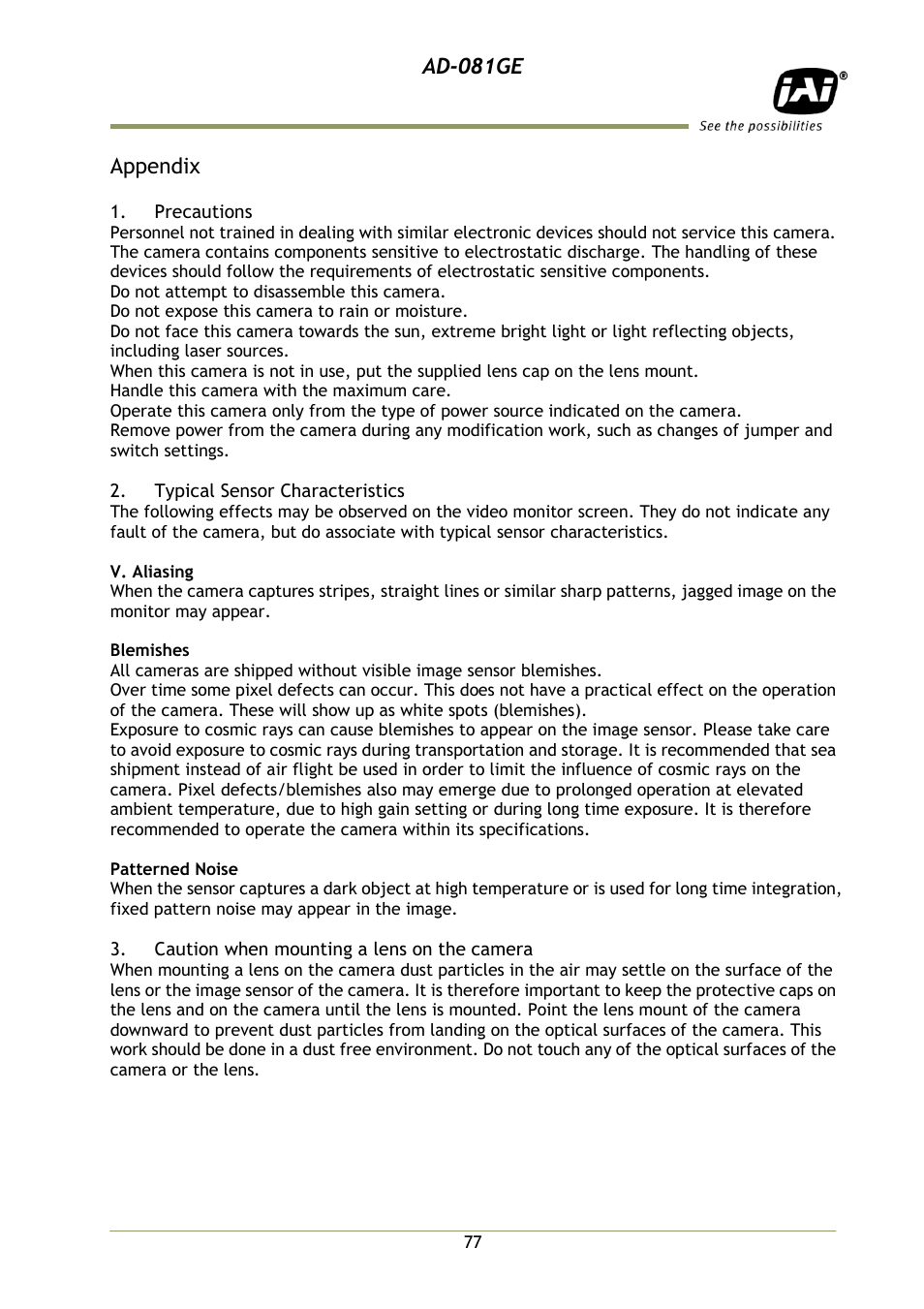 Appendix, Precautions, Typical sensor characteristics | Caution when mounting a lens on the | JAI AD-081GE User Manual | Page 78 / 82