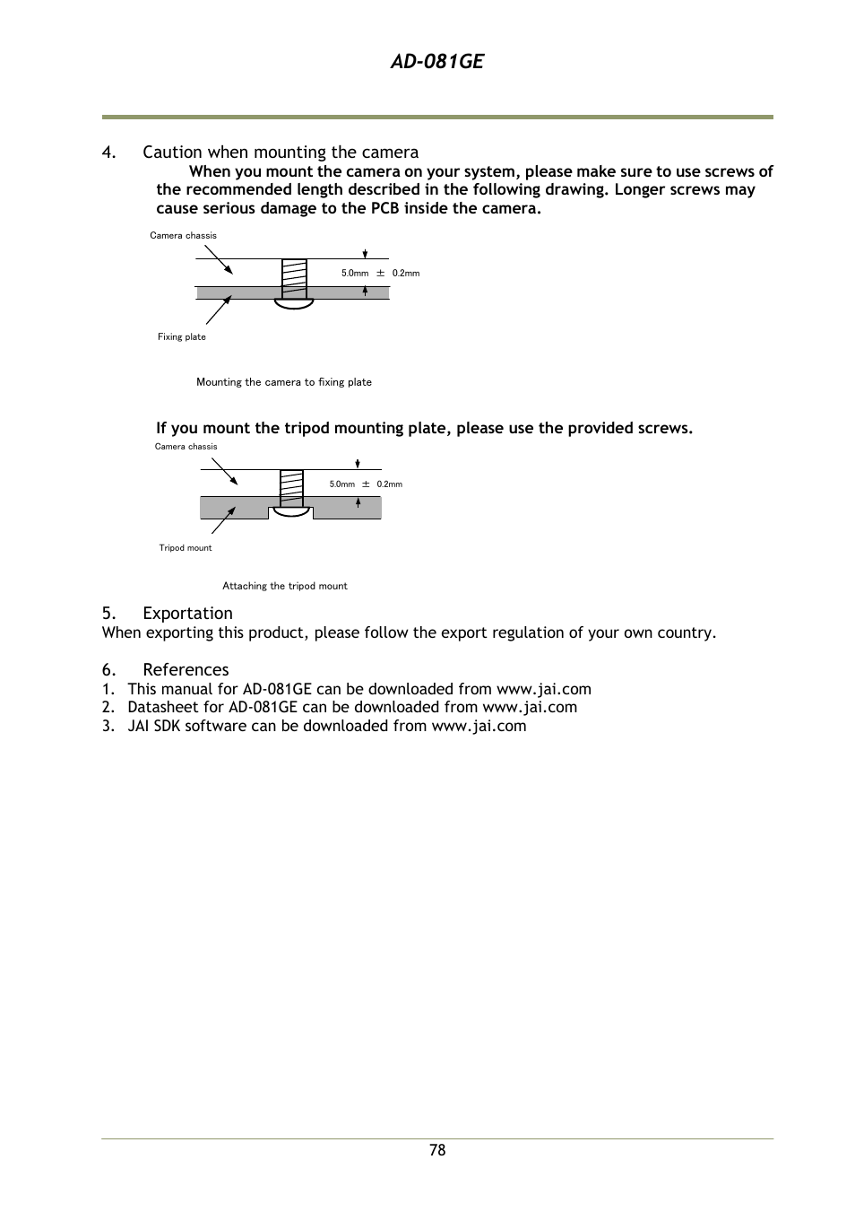 Caution when mounting the camera, Exportation, References | Ad-081ge | JAI AD-081GE User Manual | Page 79 / 82