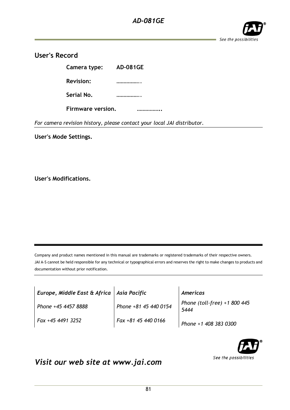 User's record, Ad-081ge | JAI AD-081GE User Manual | Page 82 / 82