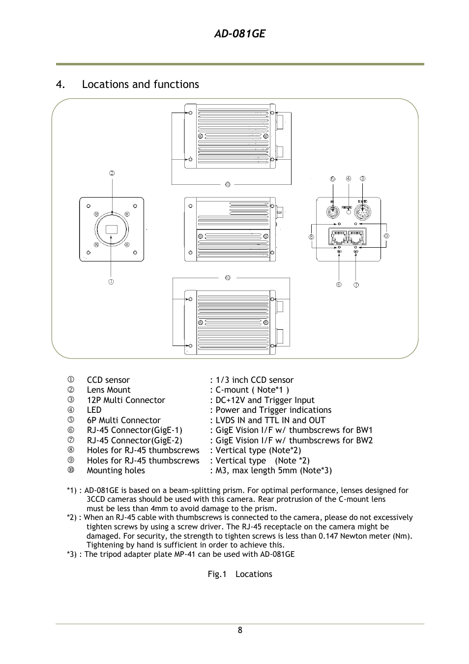 Locations and functions, Ad-081ge | JAI AD-081GE User Manual | Page 9 / 82